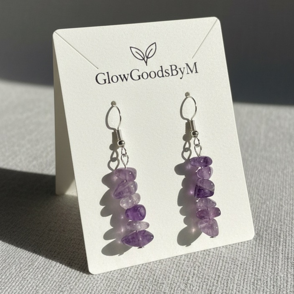 Natural Purple Amethyst Crystal Chip Dangle Earrings